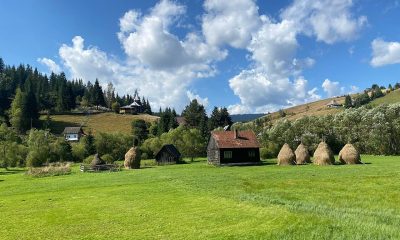 Țara Moților turism – peisaj rural cu căpițe de fân și case tradiționale din lemn în Munții Apuseni, zona Beliș