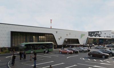 Modernizare Aeroportul Iași – vizualizare arhitecturală terminal T3 cu zonă de parcare și transport public