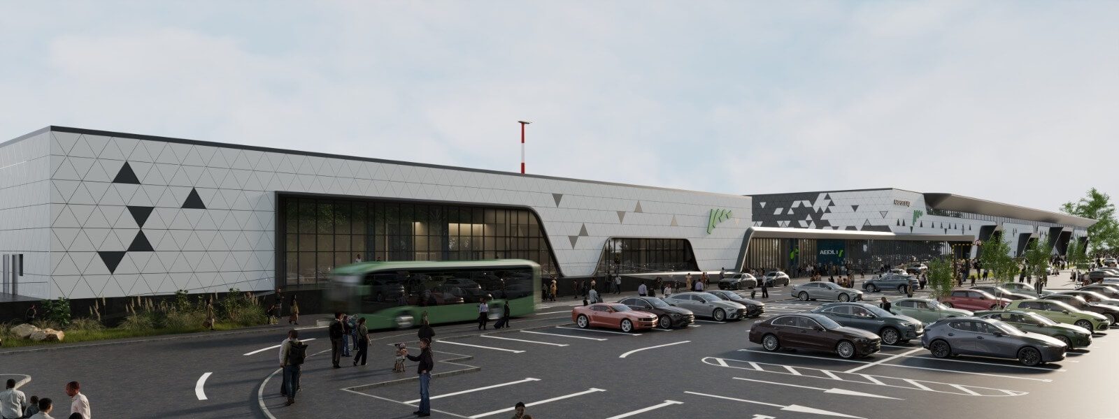 Modernizare Aeroportul Iași – vizualizare arhitecturală terminal T3 cu zonă de parcare și transport public