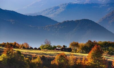 Peisaj montan de toamnă cu dealuri în ceață și copaci colorați, destinație pentru vacanța de toamnă 2026